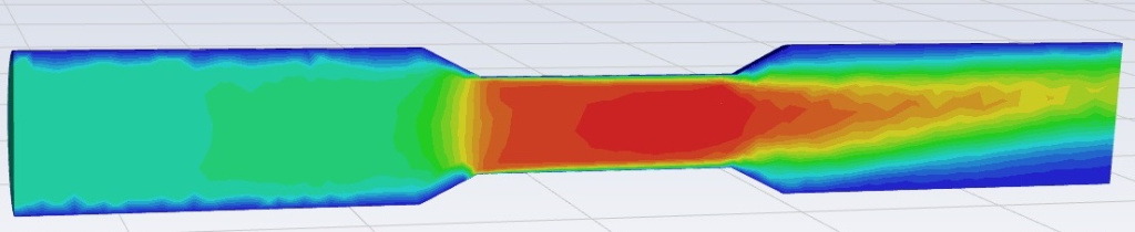 Поле скоростей потока воды в напорном трубопроводе
